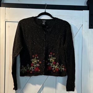 Ramie Wool Blend Black Floral Embroidered Crewneck Button Up Cardigan Sweater L